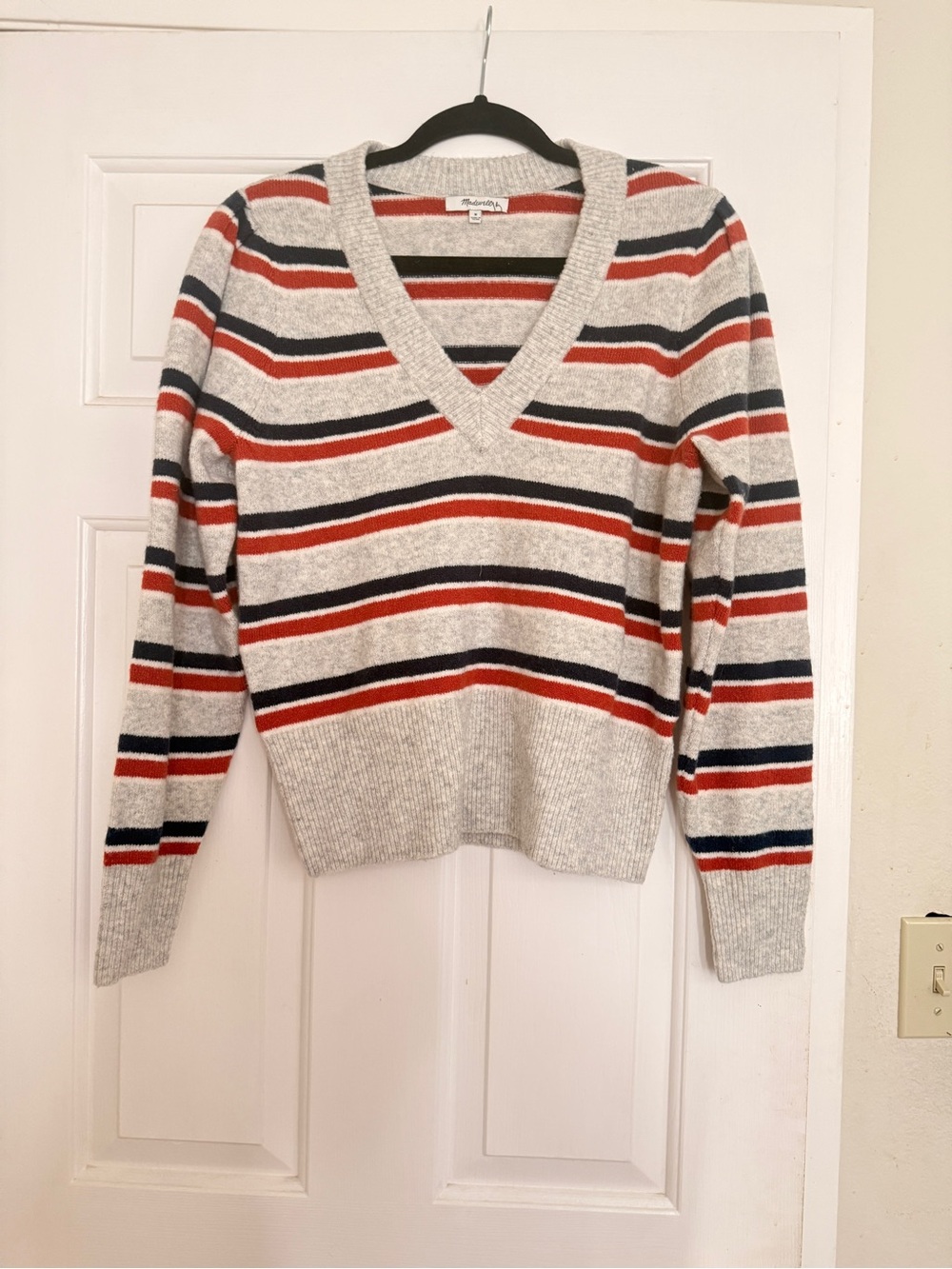 Madewell Striped V-Neck Sweater in Cream, Red & Navy